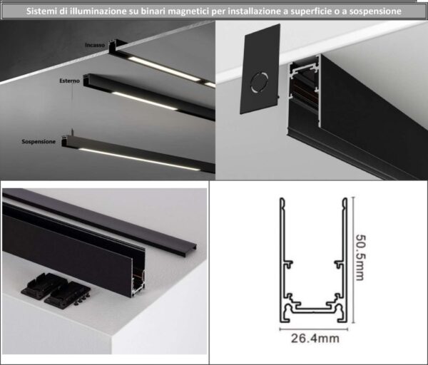 Binario magnetico a superfice, parete e sospensione 2m 48V nero per faretti led con copertura da esterno